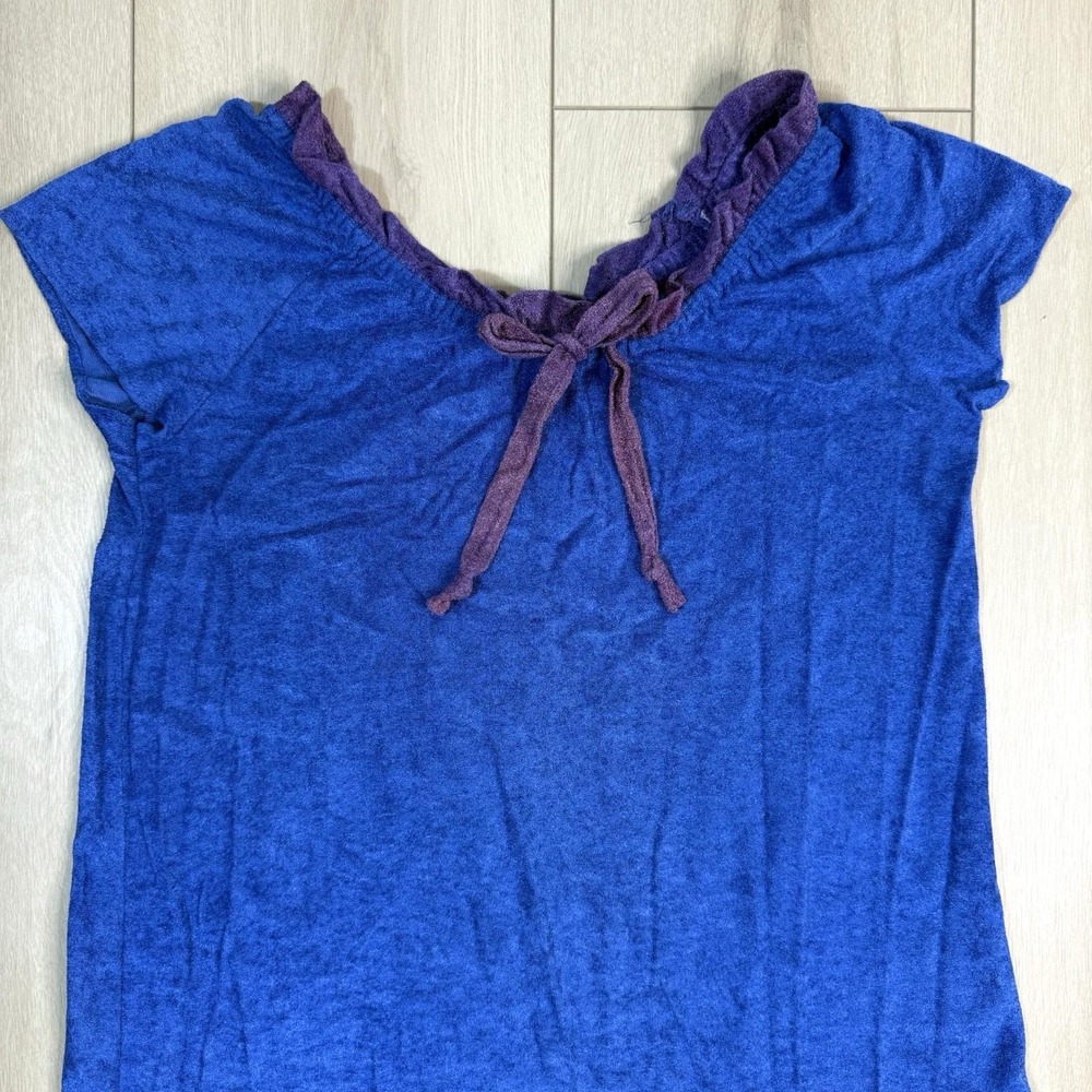 VTG Sears House Dress Women's L Blue Purple Tie Neck Made USA 80s Robe Nightgown - Picture 3 of 9
